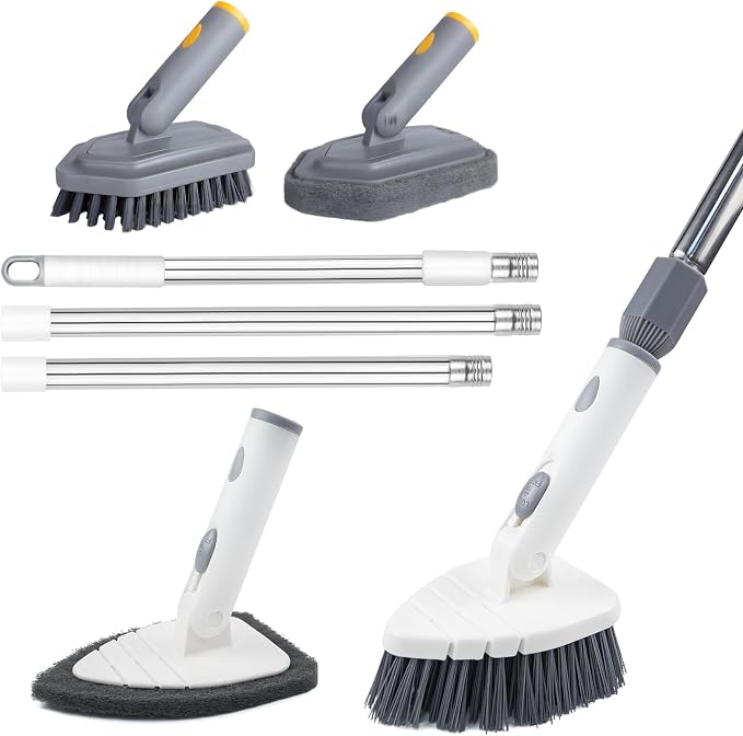 Tile Tub Scrubber Brush with 4 Cleaning Heads,59" Long Handle Stiff Bristles Scrub Brush with Extendable Pole, Rotatable Detachable Scrub Brush for Shower,Tile, Tub,Bathroom,Walls,Sink