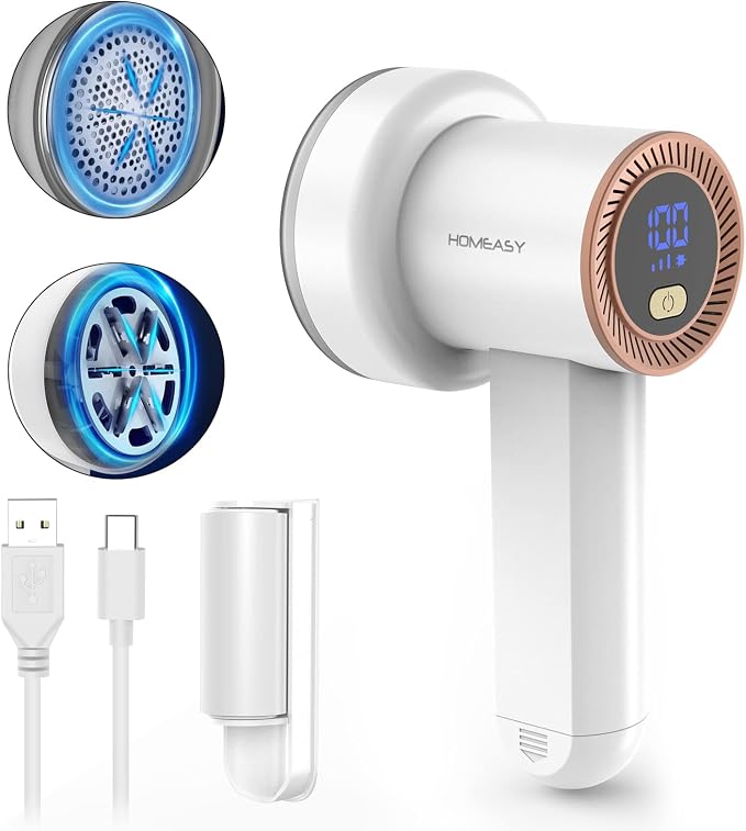 HOMEASY Fabric Shaver, Rechargeable Lint Remover for Clothes White | Electric sweater shaver and depiller with 70mm head, 6-leaf blades, LED battery display and Type-C charging for Furniture