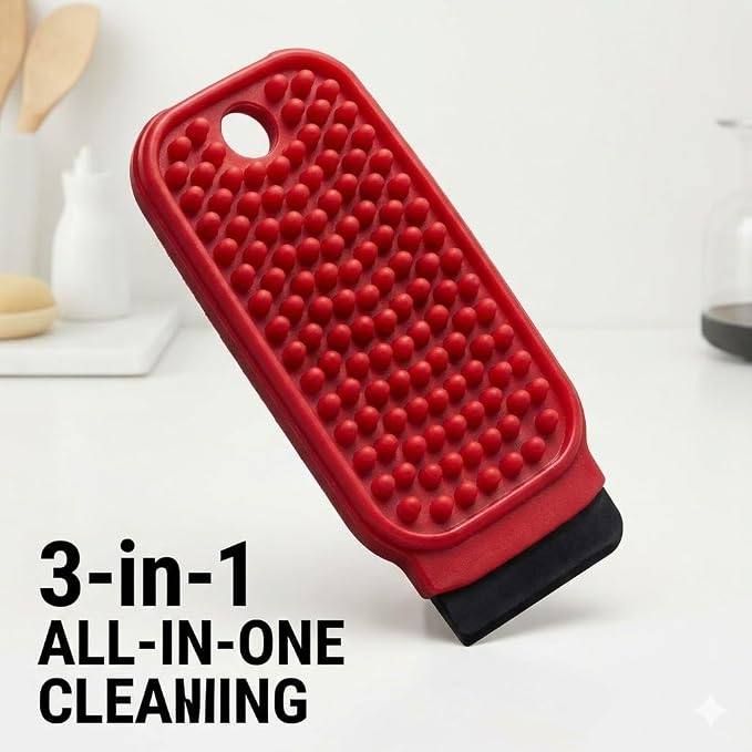 3-in-1 Silicone Dish Sponge - BPA-Free Food-Grade Cleaning Brush with Dual-Sided Scrubber & Scraper, Hanging Hole Fast-Dry Reusable for Dishes/Fruits/Vegetables (Red 1PCS) | silicone dish scrubber and vegetable&fruit brush with built-in scraper. Food-g...