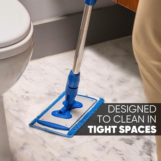 9" Mini Microfiber Mop System for Tight Spaces & Walls | Flat Floor Mop | Adjustable Stainless Steel Handle | 360° Swivel | 2 Washable Microfiber Pads | Hardwood, Tile, Vinyl