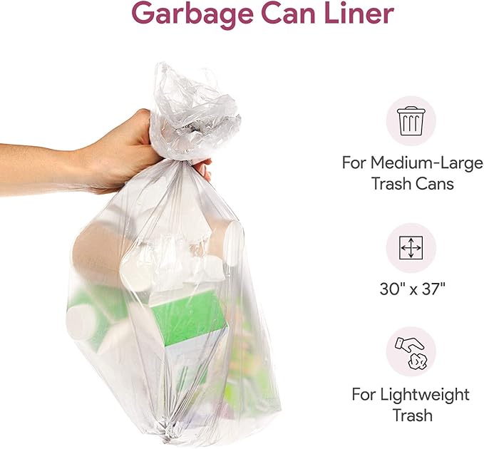 20-30 Gallon Clear Garbage Can Liners, 50 Count - Medium - Large Trash Can Liners - High Density, Thin, Lightweight, 10 Microns - For Office, Home, Hospital, Wastebaskets - 2 Coreless Rolls