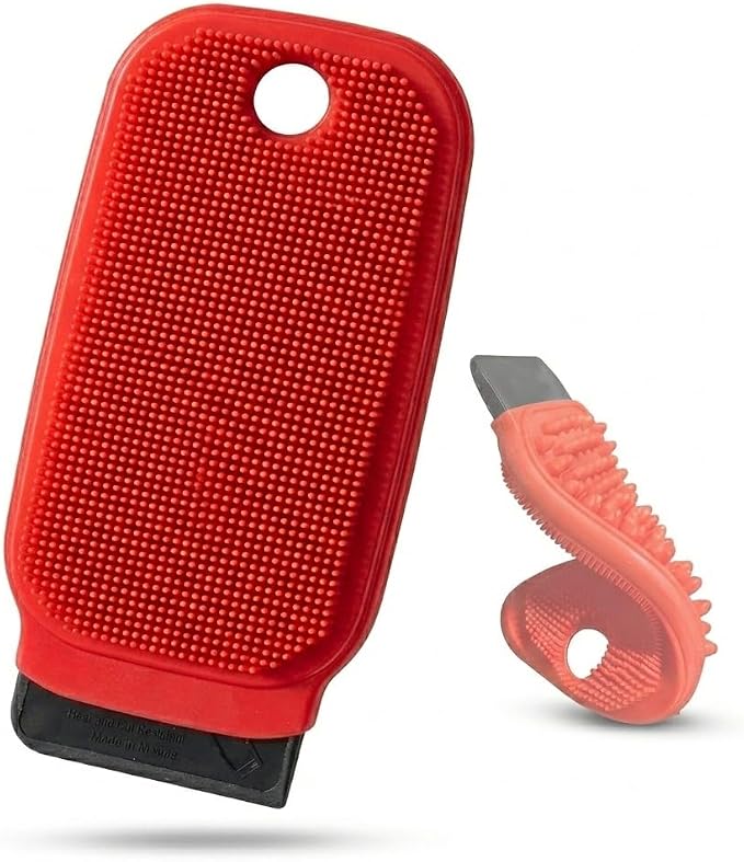 3-in-1 Silicone Dish Sponge - BPA-Free Food-Grade Cleaning Brush with Dual-Sided Scrubber & Scraper, Hanging Hole Fast-Dry Reusable for Dishes/Fruits/Vegetables (Red 1PCS) | silicone dish scrubber and vegetable&fruit brush with built-in scraper. Food-g...