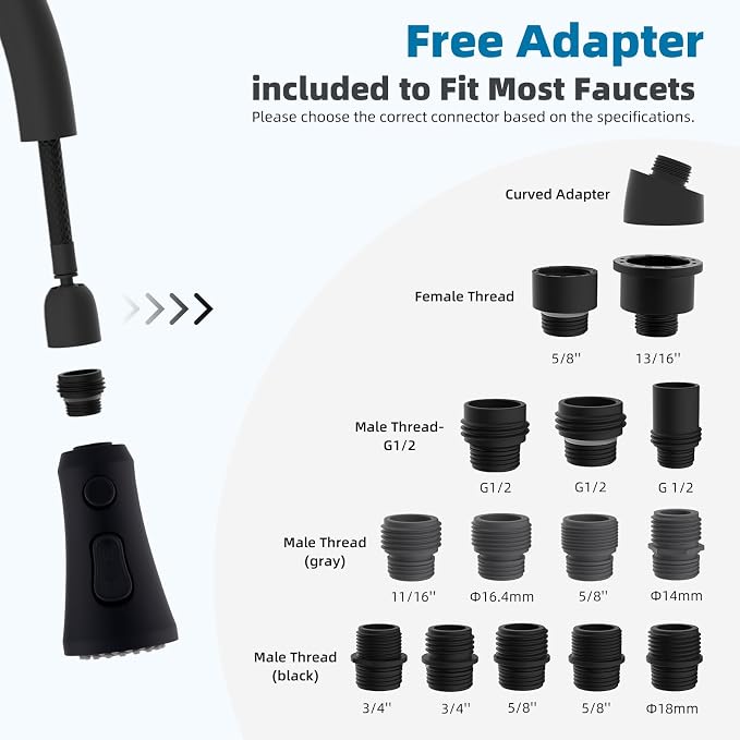 Hibbent Pull Down Kitchen Faucet Head Replacement, 3-Function NSF/ANSI/CAN 61 & CUPC Certified Sink Spray Nozzle, 15 Adapters, Compatible with Moen, Delta, Kohler Faucets, Matte Black