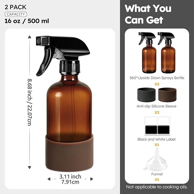 Tecohouse 360° 16 oz Clear Glass Spray Bottles with Silicone Sleeve 2 Pack | 360° All-Angle Spray, Non‑slip Silicone Protective Covers, for Cleaning Solutions, Plants, Hair Care (Black & Brown)
