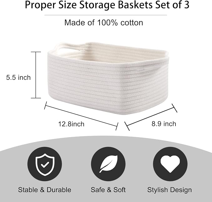 OIAHOMY 3 Pack Storage Baskets for Shelves Cotton Rope Storage Bins White | Woven Baskets for Storage Nursery Storage Basket with Handles Baskets for Organizing Small Baskets Gift Baskets Empty