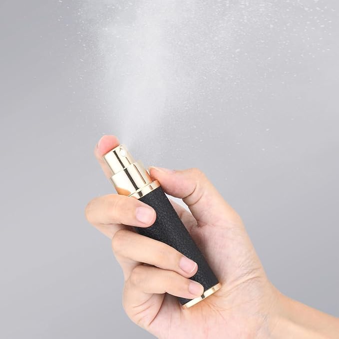 Fusupak Travel Perfume Bottle Refillable, 10ml Leather Cologne Atomizer | Small size spray, for men & women, portable fragrance refill sprayer, leak-proof empty decants, TSA, 2pcs, black brown