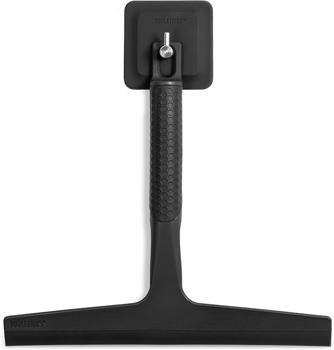 TOOLETRIES The Squeegee & Hook Glass Shower Squeegee – 10 Inch | Silicone grip shower squeegee for glass, mirrors and windows with a matching storage hook.