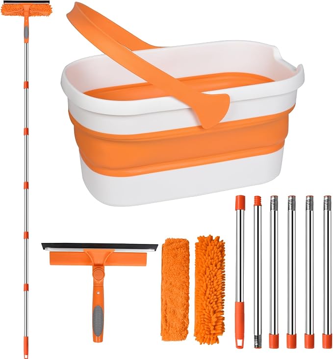Window Cleaning Kit with 85” Extension Pole & 3 Gallon Collapsible Bucket | 2-in-1 Rotatable Window Cleaner Tool, 14" Squeegee & 15" Scrubber,Window Squeegee with Extension Pole，Window Washing Kit