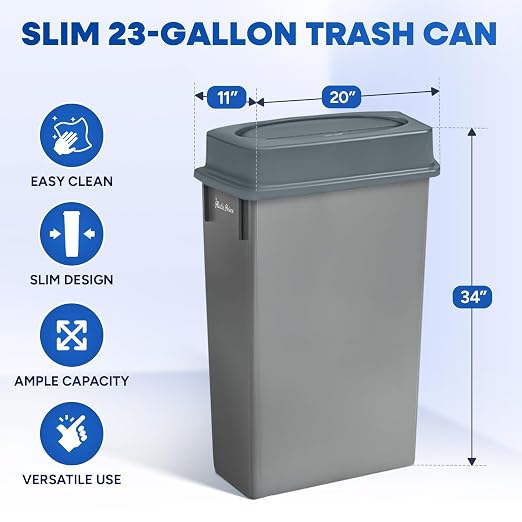 PLASTIC PRINCE 23 Gallon Slim Trash Can with Swing Lid Commercial Gray Rectangular Garbage Can with Drop Shot Lid Waste Bin with Double Flip Top for Restaurant Home Kitchen Office