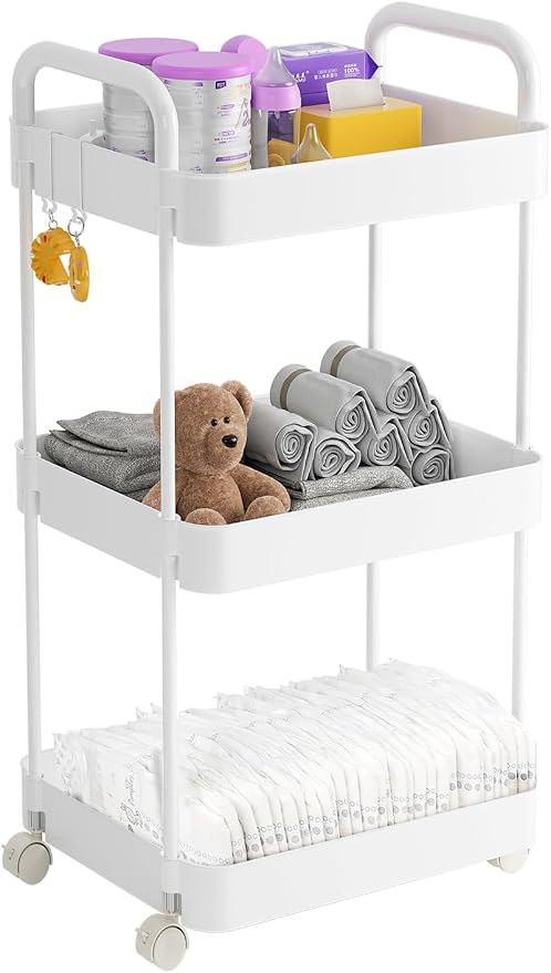 Volnamal Diaper Caddy Cart, 3-Tier Plastic Rolling Cart with Handle, White | Multi-Functional Diaper Organizer for Wipes & Diapers, Newborn Essentials Must Haves, Easy to Assemble, Baby Registry Search