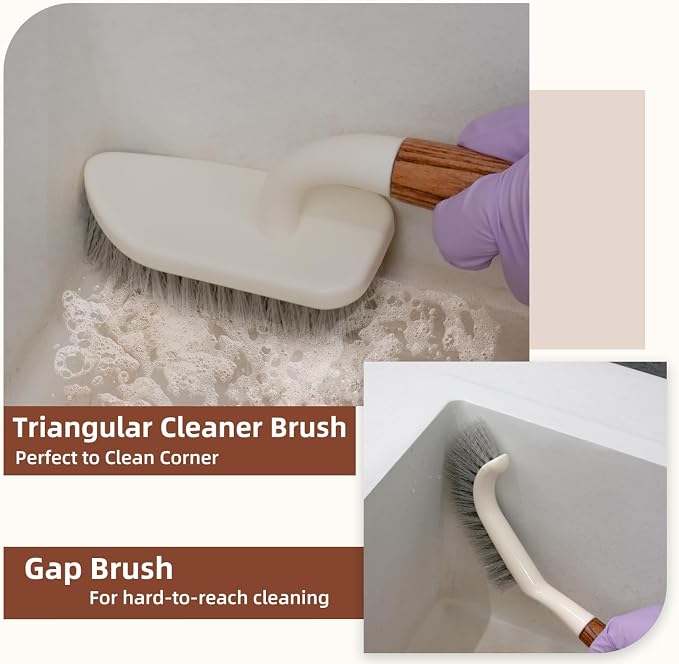 4-Pack Heavy Duty Scrub Brushes Set with Wooden Handles | Triangle & Square Floor Scrubber, Dish Brush, Grout Cleaner for Kitchen, Bathroom, Tile, Carpet & Stubborn Stains Removal