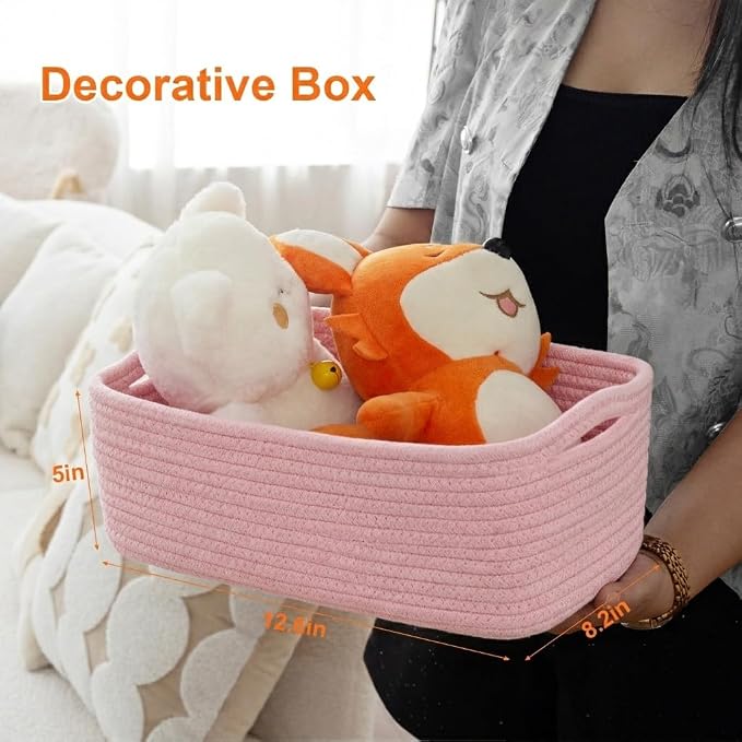 3Pack Small Woven Storage Baskets for Shelves Organizing | Cotton Rope Closet Organizer Bins, Basket for Gifts Empty, Nursery, Living room, Dog Toy Basket 13.2x8.2x5.2 in, Pink