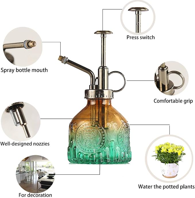 Glass Plant Mister Spray Bottle Indoor Watering Can 6.4inch Tall with Bronze Plastic Top Pump Vintage Small Plant for Outdoor Garden Succulent Flower