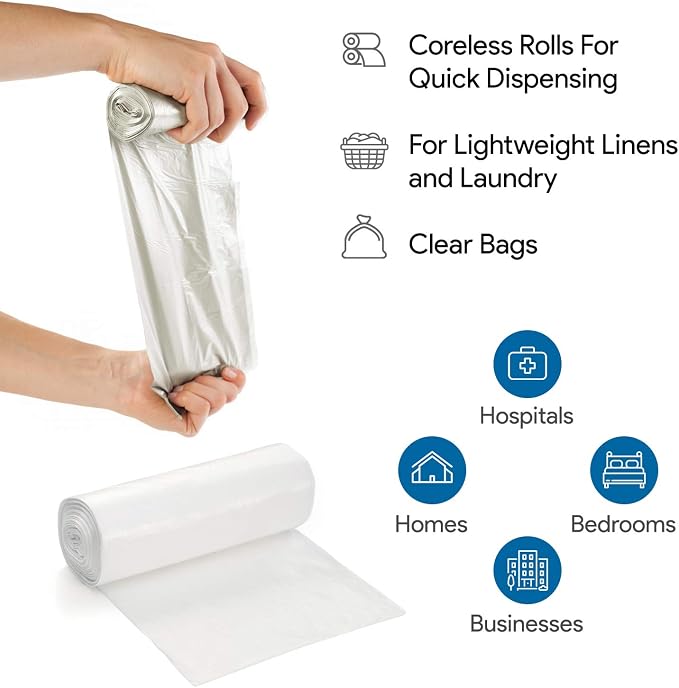 ProCure 7-10 Gallon Clear Garbage Can Liners, 100 Count - Small - Medium Trash Can Liners - High Density, Thin, Lightweight, 8 Microns - for Office, Home, Hospital Wastebaskets - 2 Coreless Rolls