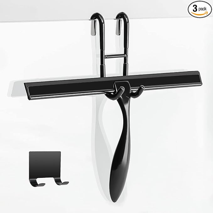 12-Inch Shower Squeegee Set, Includes Shower Door Hook and Adhesive Hook, Squeegee for Shower Doors, Mirror and Window, Black