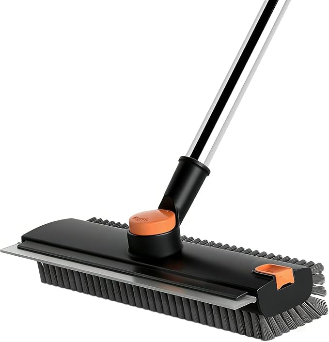 Floor Scrub Brush with Squeegee Long Handle 3 in 1 tub Brush 52'' 2026 Upgraded Multi-Functional Stiff Bristle Cleaning Scrub Brush Rotating Tile Brush for Cleaning Bathroom Patio, Pool, Garage