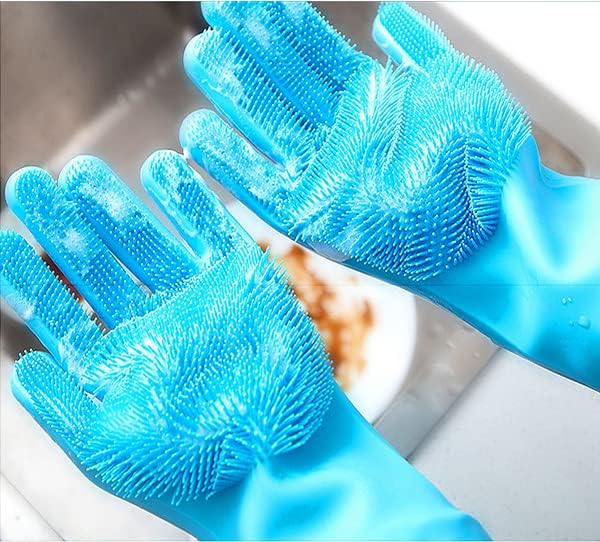 Silicone Dishwashing Gloves, Pet Grooming Rubber Scrubbing for Dishes, Sponge Wash Cleaning with Scrubbers (13.6" L)