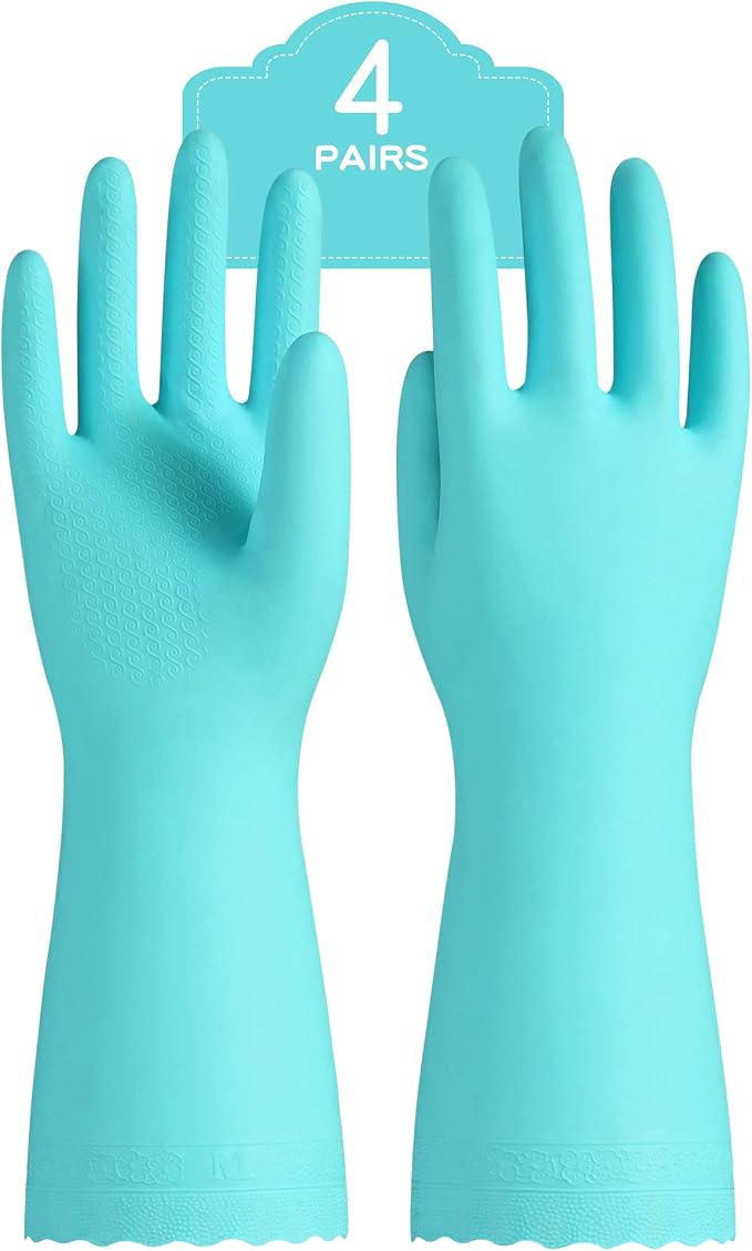 4 Pairs Dishwashing Gloves, Cotton Flocked Liner, Green, Medium | Waterproof dishwashing gloves with non-slip grip, soft cotton lining, flexible fit for kitchen, bathroom, laundry & cleaning
