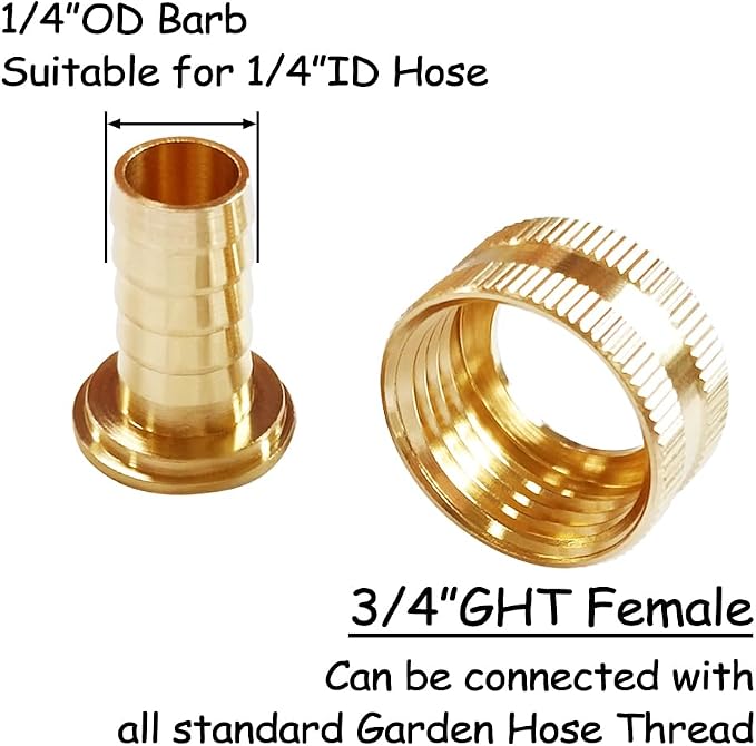 Uenede Brass 1/4" Barb to 3/4" GHT Female Garden Hose End Connector, 2PCS | Splicer Mender Repair Fitting Fit for 1/4"ID Garden Hose Includes Clamps