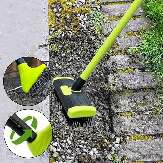 SakerPlus 3-in-1 Versatile Weed Brush Combo Set with Long Handle (2) | Crack Weeder Brush, Wire Floor Scrubber, Triangular Brush, Scraper, Steel Wire Bristles for Patio, Driveway, Deck
