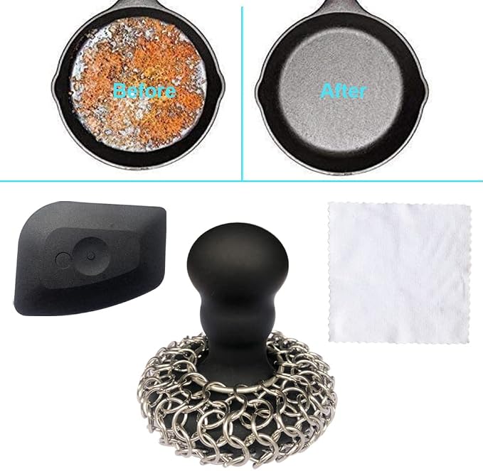 316 Upgraded Chainmail Scrubber with Silicone Handle Cast Iron Cleaner for Cast Iron Grill Pan Skillet Wok Bakeware Ergonomic to Hold Easy to Use Dishwasher Safe, Scrubber + Scraper + Towel (Black)
