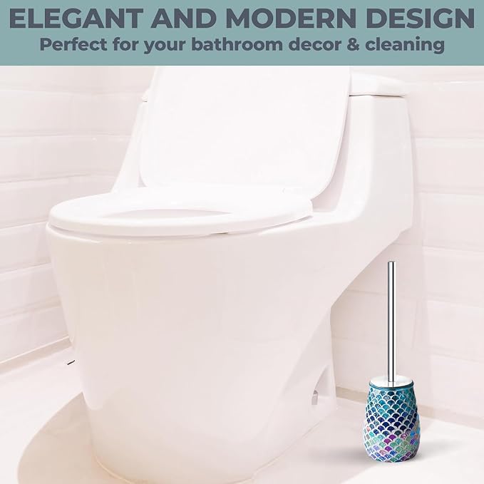 Escenzy Mermaid Toilet Brush and Holder Set | Mosaic Glass Decorative Holder | 304 Stainless Steel Toilet Bowl Brush | Luxury Mermaid Bathroom Decor