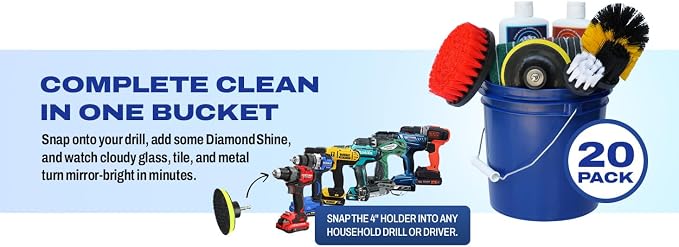 Diamond Shine 20-Piece Hard Water Stain Cleaning Kit – Drill Brushes, Bucket & Lid, Scouring Pads & Diamond Cleaner for Tile, Bathroom, Shower Glass & Chrome