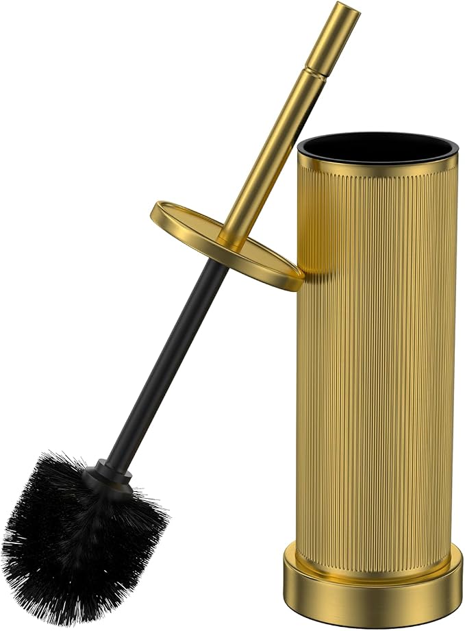 Metal Vertical Grain Toilet Bowl Brush and Holder Set Scrubber Warm Gold | Extra Long Handle with Splash Guard Cover, Bathroom Space-Saving, Heavy Durable Deep Cleaning, Cleaner Sets for Apartments