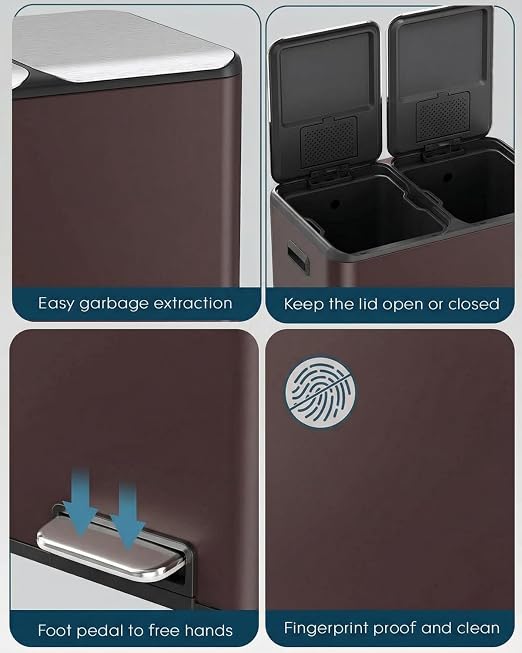 ComfyCorner 16 Gal (2 x 30 L) Dual Trash Can with Odor Control Box | Stainless Steel Kitchen Garbage Bin, Recycle Dustbin with Soft-Close Lid,Inner Buckets,Side Handle,Step Pedal,for Home Office