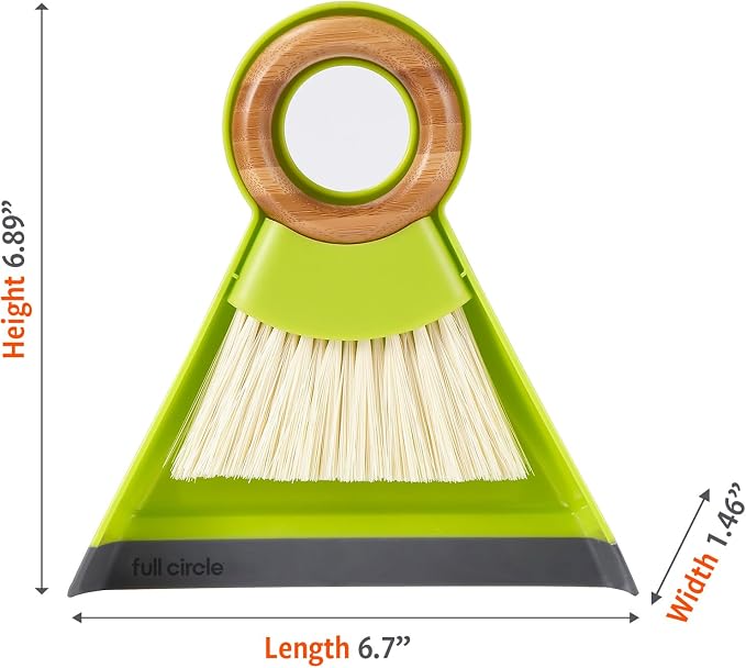 Full Circle Tiny Team Mini Brush & Dustpan Set - Green | Compact and perfect for quick countertop cleanups in the kitchen, on desks, or anywhere crumbs collect.