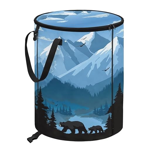 Snowy Mountains Bear Outdoor Trash Can with Lid 20+ Gallon Collapsable Trash Can Camping Large Capacity Design Garbage Bags for Rv, Backyard, Picnic
