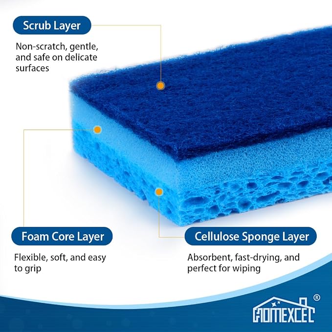HOMEXCEL Sponges Kitchen 24 Pcs, Non-Scratch Sponge for Cleaning Dishes | Scrub Cleaning Sponge Safe on Non-Stick Cookware, Dual Sided Three-layer Dish Sponge for Sink, Kitchen, Household, Bathroom