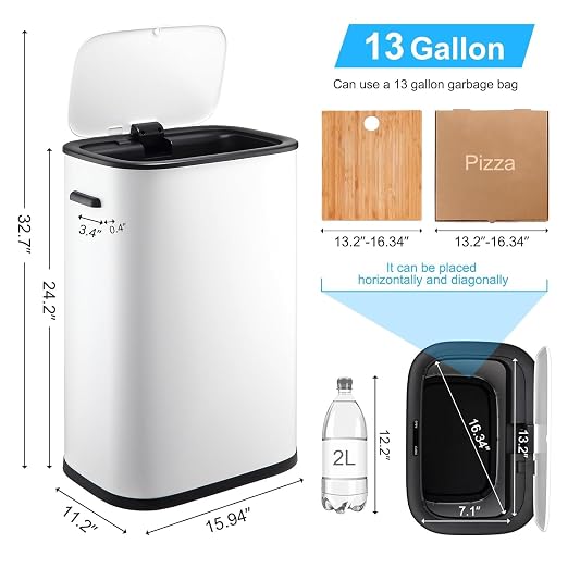 TrailBlaze Motion Sensor Trash Can, 14.5 Gal / 55 L Automatic Garbage Can with Soft-Close Lid and Handle, Touchless Rectangle Waste Basket for Kitchen, Bathroom, Bedroom, White(Without Inner Bucket)