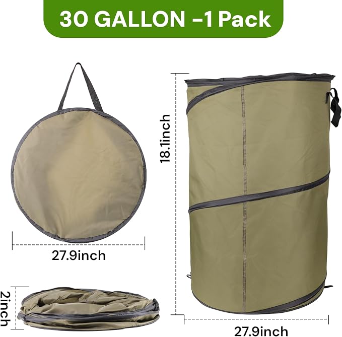 Green1Pack 30 Gallon Collapsible Pop-Up Trash Can | Reusable Garden Waste Bag for Camping, RV, Yard Work, Lawn & Leaf Cleanup, Outdoor Storage Bin