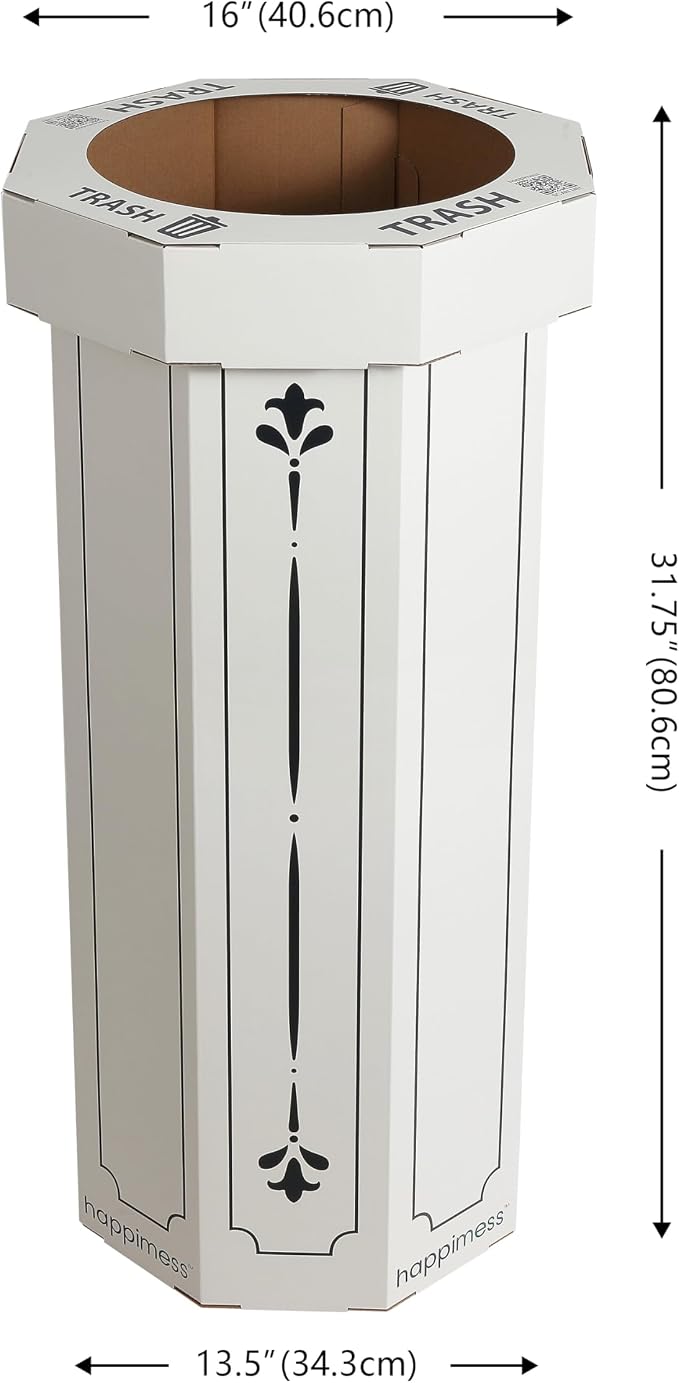 happimess Fleur 25 Gal Trash Can Bin, Bridal Ivory, Set of 2 | Event Recycling, Traditional Classic Disposable Corrugated Cardboard, 32" Height, 16" Width, 16" Depth