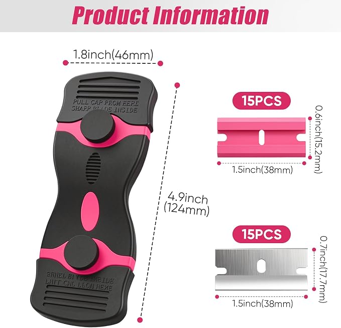 2 Pack Double-Ended Razor Blade Scraper, 30 Blades(pink) | Multi-Purpose Tool for Glass, Cooktop, Sticker Removal, Paint & Gum Cleaning