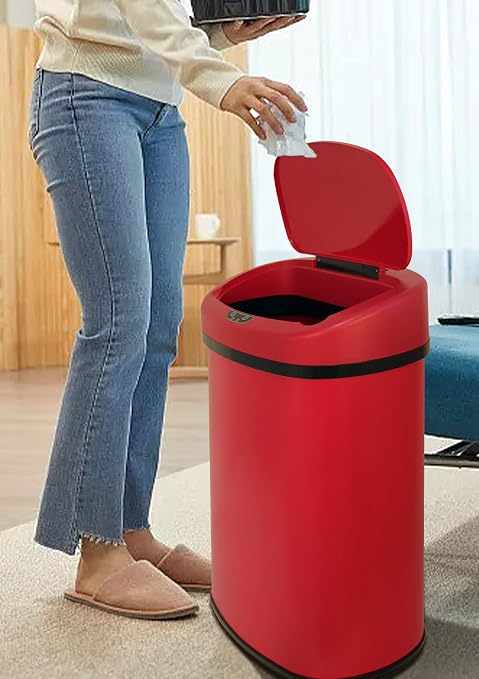 50L/13 Gallon Automatic Trash Can Garbage Can, Large Stainless Steel Kitchen Trash Can Motion Sensor Garbage Can Touchless Trash Bin with Lid for Kitchen Home Office, Soft Close Lid (Red)