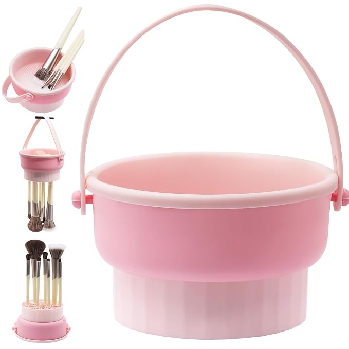 Makeup Brush Cleaner Mat, Brush Cleaner Bowl For Deep Cleaning Tools, 3 in 1 Cleaning Tool Makeup Organizer Storage for Brushes, Powder Puffs, and Sponges(Pink)