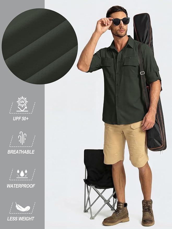 linlon Men's Safari Shirt UV Sun Protection Long Sleeve Hiking Travel | Button Down Mesh Back Vents UPF 50+ Quick Dry Breathable Cool Lightweight Outdoor Travel Fishing Gardening Clothes