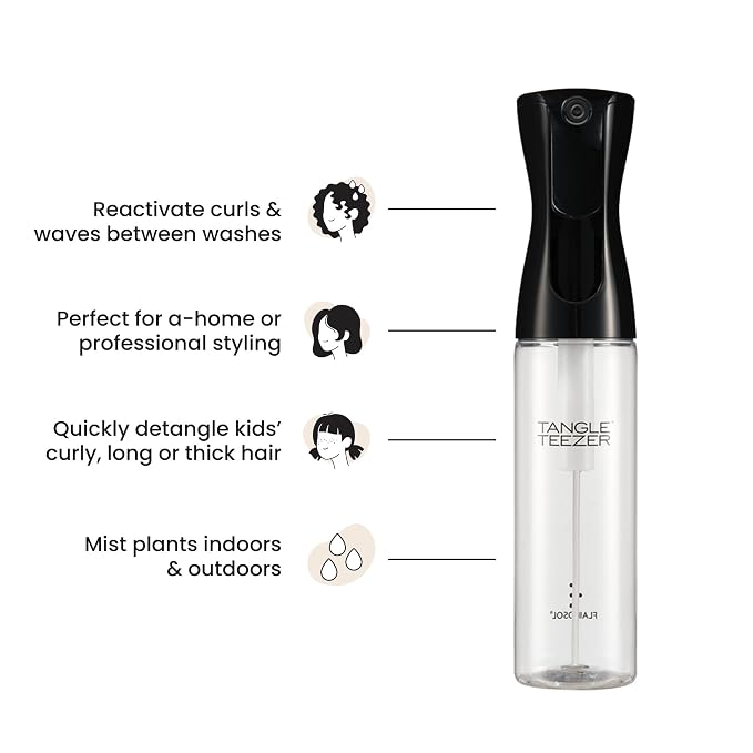 TANGLE TEEZER Fine Mist Spray Bottle, Refillable, 10.1 oz, Black | Reusable, refillable fine-mist continuous spray bottle; evenly distributes water or product to refresh, detangle & style hair