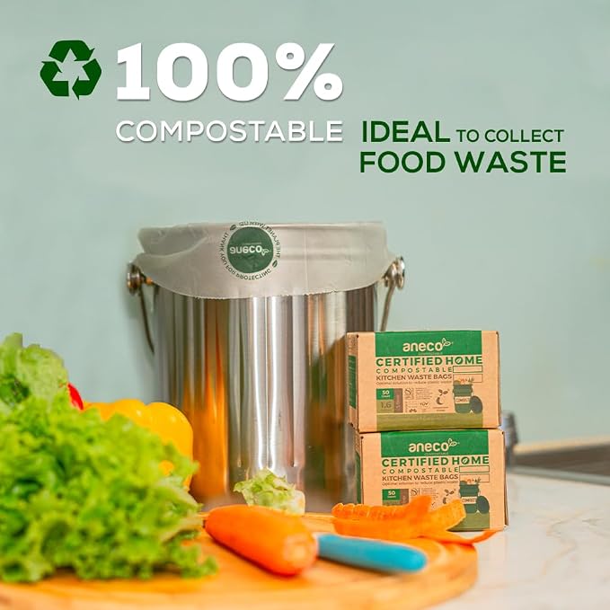 ANECO 100% Home Compostable Food Waste Bags, 1.6 Gallon, 50 Count | Small Kitchen Compost Bags for Countertop Bin, Certified by BPI (ASTM D6400), TUV Austria & OK Compost Home