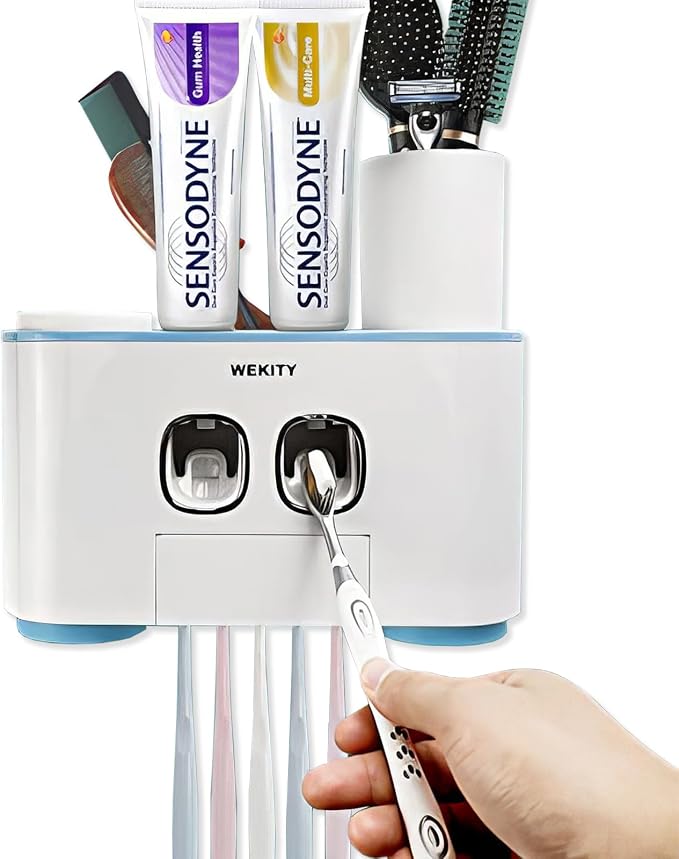 Toothbrush Holder Wall Mounted, WEKITY Multi-Functional Toothbrush and Toothpaste Dispenser for Bathroom, with 5 Toothbrush Slots, 2 Toothpaste Squeezers and 4 Cups(Blue)