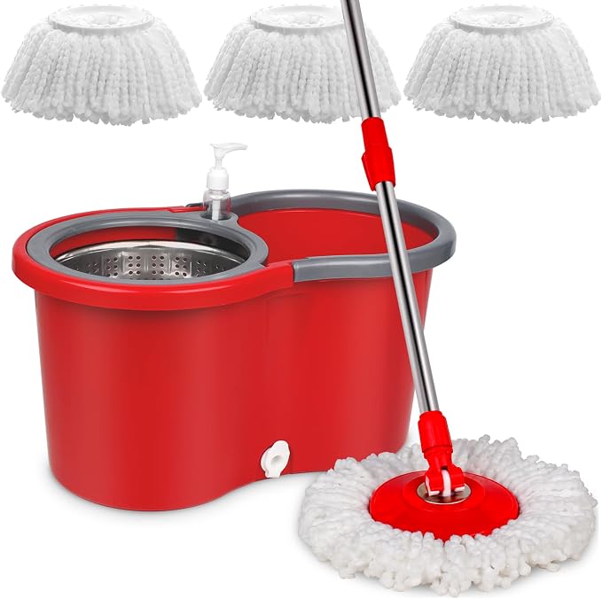 Spin Mop and Bucket System with Stainless Steel Wringer, 3 Mop Heads | Microfiber Spin Mop and Bucket System with Stainless Steel Wringer, 3 Mop Heads & 61" Telescoping Handle