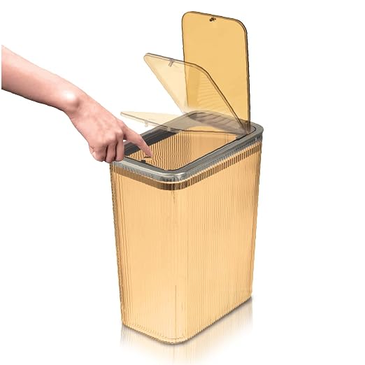 Glad Bathroom Trash Can, 2.6 Gallon (10L) - Slim Plastic Waste Basket with Pop-Up Lid and Bag Ring - Colored Clear Trash Can for Bedroom, Office, College Dorm - Brown
