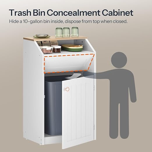 Trash Cabinet, Freestanding Trash Can Cabinet, Wooden Recycling with Flip Door, 10 Gallon Hidden Kitchen Garbage Can for Kitchen, Living Room, White WB01WT