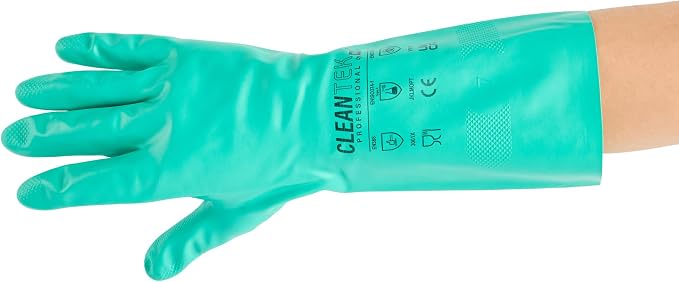 Restaurantware-Clean Tek Professional 15 Mil XXL Cleaning Gloves, 1 Pair Of Long Cuff Gloves - Flock Lining, No-Powder, Green Nitrile Chemical Tolerant Gloves, No-Latex, Heavy-Duty Tasks