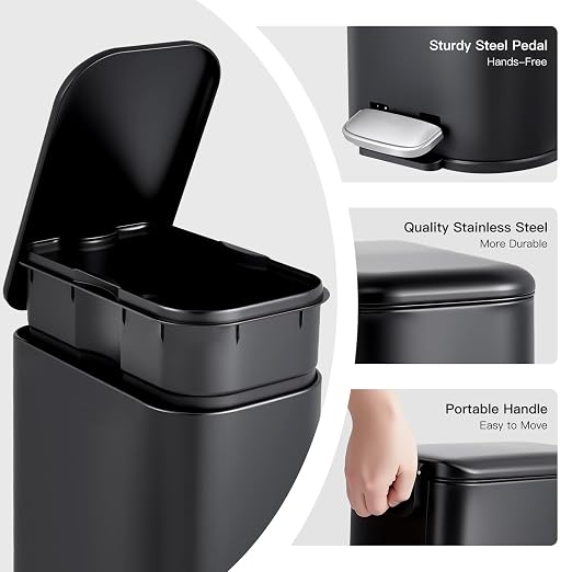 3.2 Gallon/12L Stainless Steel Step Trash Can, Soft Close Pedal Garbage Bin with Detachable Inner Bucket,Fingerprint Resistant,Dual-Use Waste & Recycling Container for Home Kitchen, Bathroom and Offic