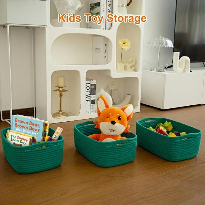 3Pack Small Woven Storage Baskets for Shelves Organizing | Cotton Rope Closet Organizer Bins, Basket for Gifts Empty, Nursery, Living room, Dog Toy Basket 13.2x8.2x5.2 in, Green