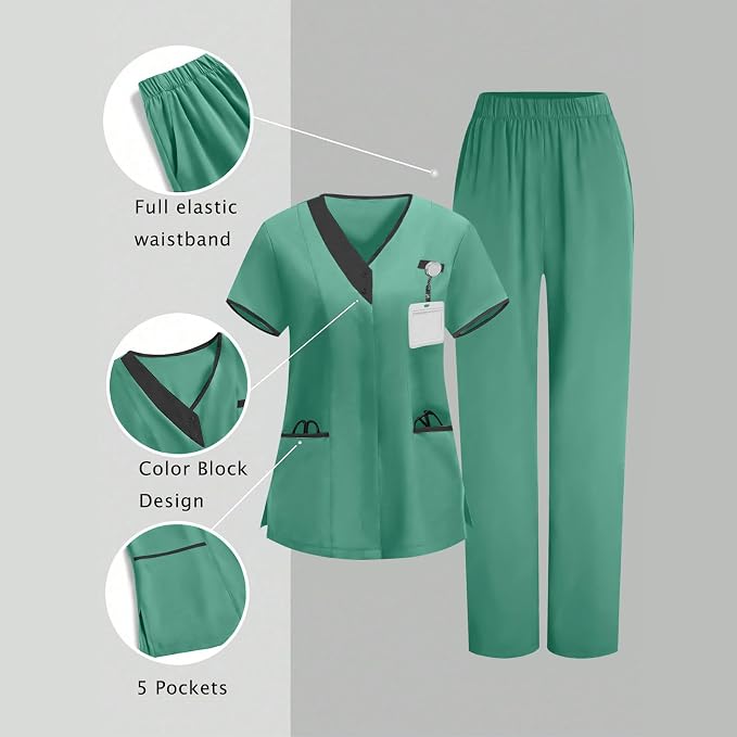 2026 Housekeeping Uniform Cleaning Uniforms - Button V Neck Top & Pants with Multi Pockets - Scrubs for Women