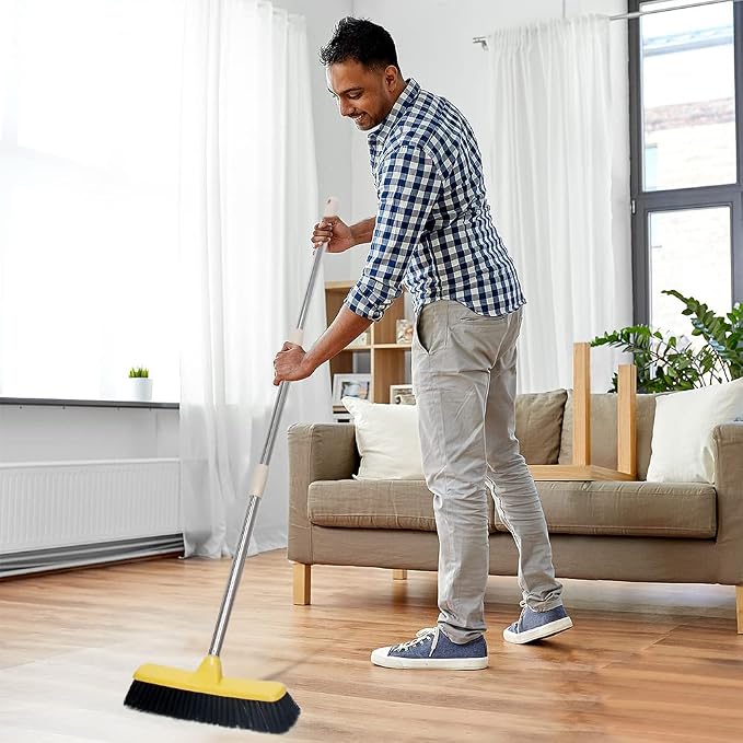 Push Broom with Long Handle, Floor Brush 49.6 inch Soft Bristle Broom 12.2" Wide for Cleaning Bathroom Kitchen Patio Garage Deck Tile Floor